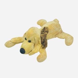 Vintage Chosun Yellow Lying Down Velour Dog Plush Brown Bow Weighted Feet Golden